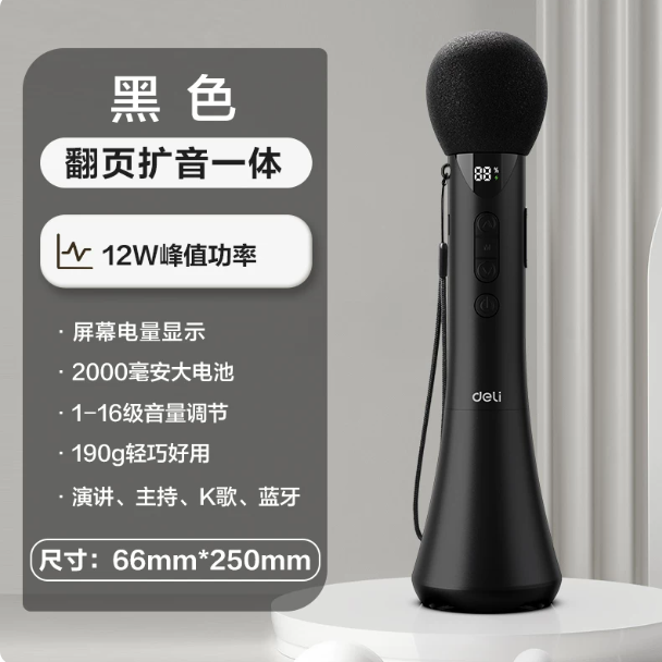 得力 手持无线扩音器 12W+翻页扩音+电量显示+蓝牙 黑色乐享款